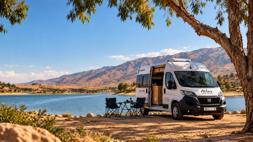 Van aménagé Atlas Nomad Campers au bord d’un lac, montagnes en arrière-plan