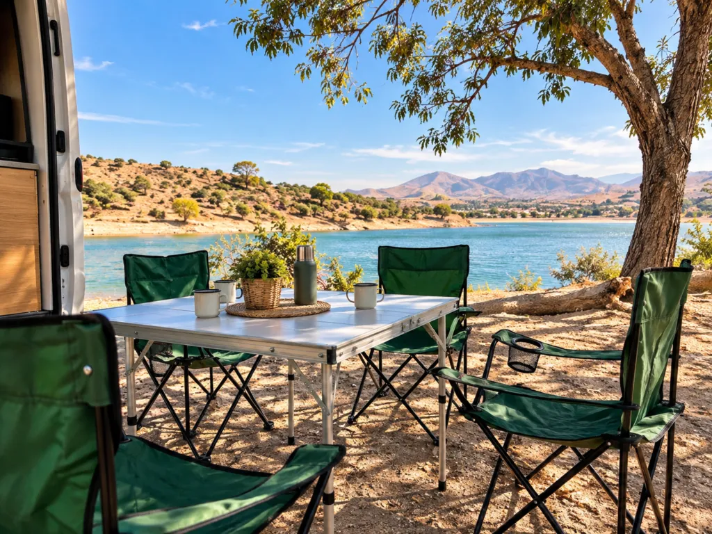 Table et chaises de camping à côté du van, au bord d’un lac
