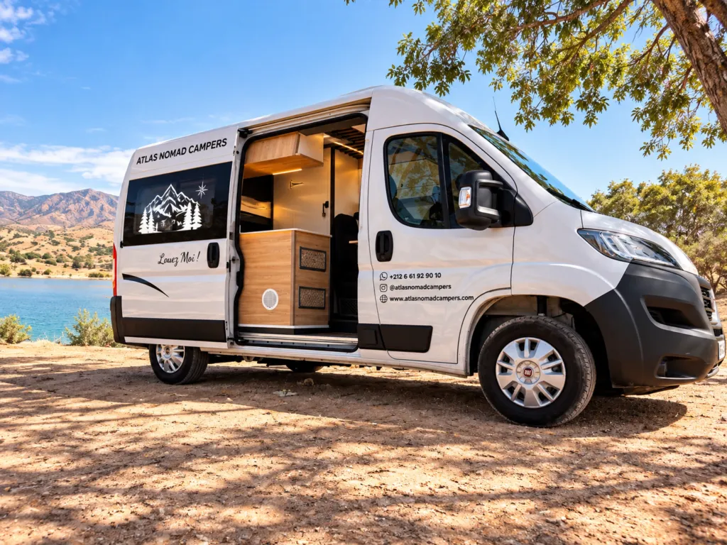 Van aménagé Atlas Nomad Campers garé au bord d’un lac, porte latérale ouverte