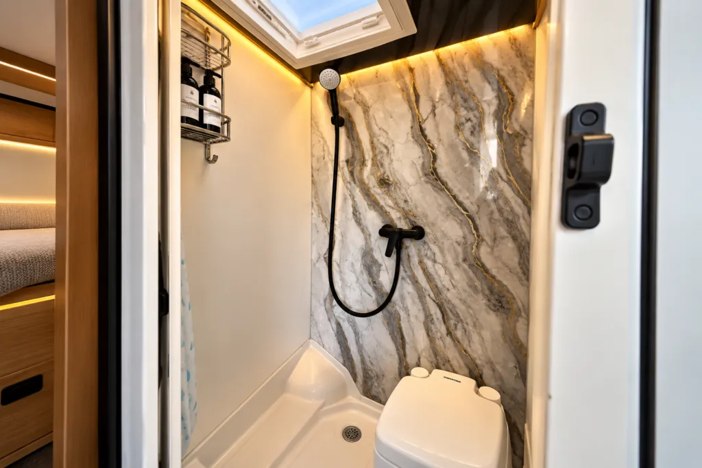 Douche intérieure et toilettes du van aménagé
