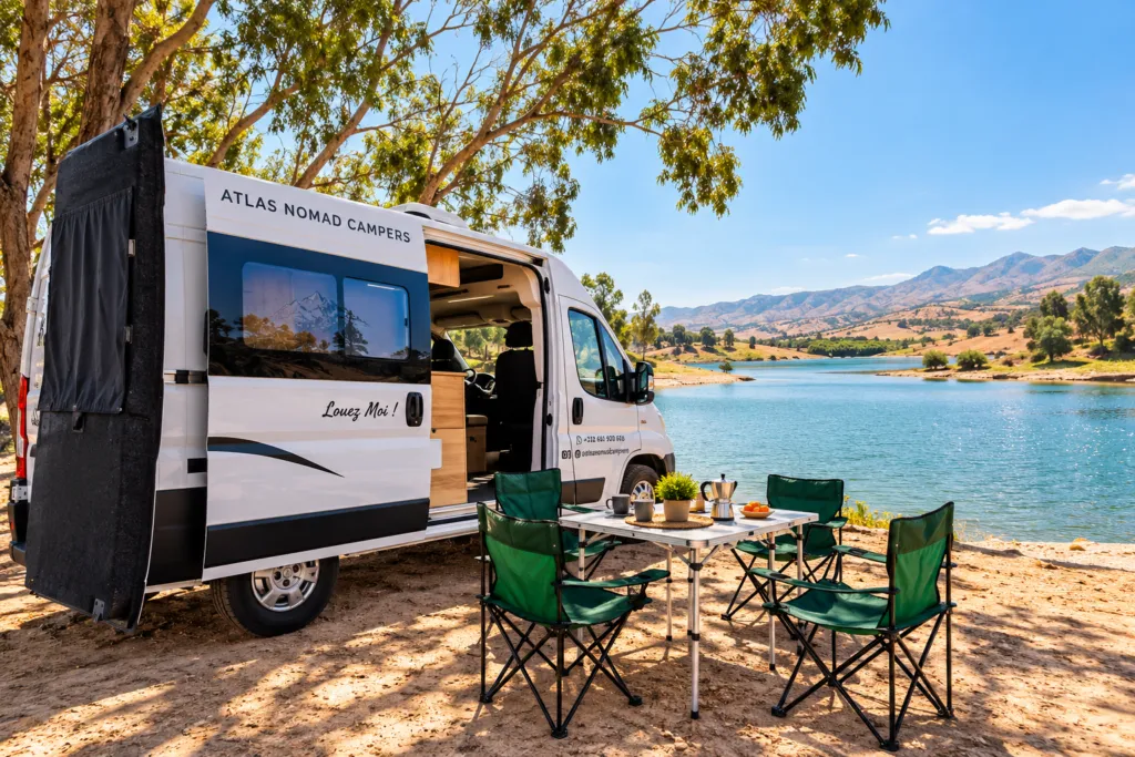 Van Atlas Nomad Campers porte latérale ouverte, coin repas extérieur