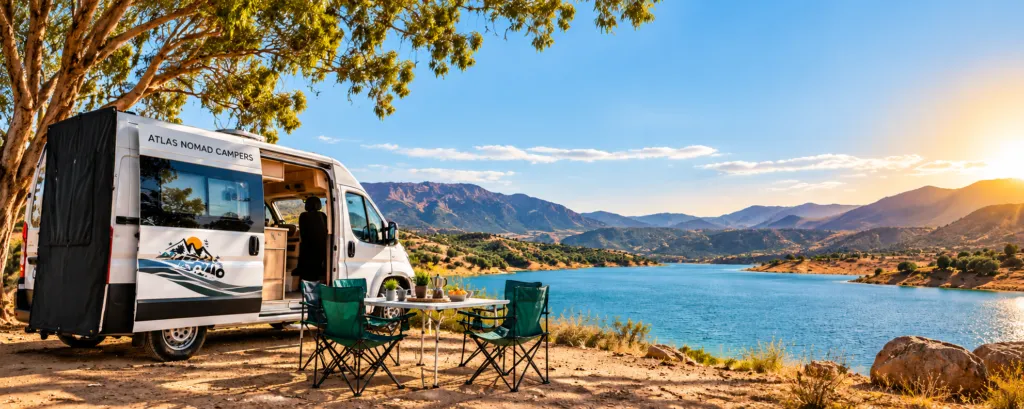 Van aménagé face à un lac et aux montagnes au Maroc