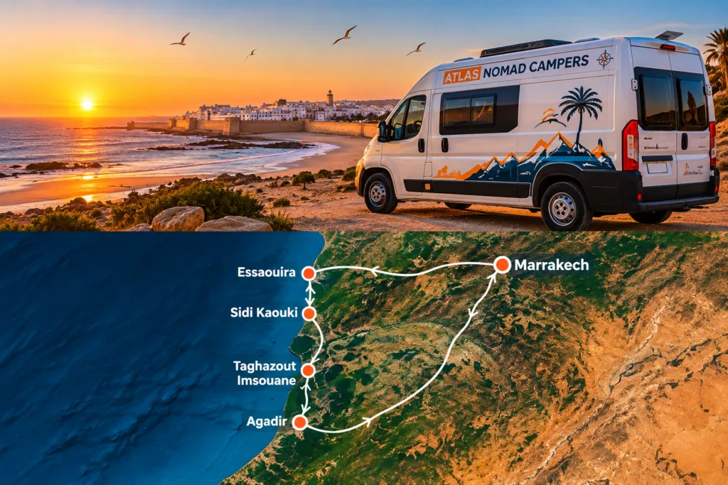 Carte de l’idée d’itinéraire de 4 jours : Marrakech, Essaouira, Sidi Kaouki, Taghazout, Agadir