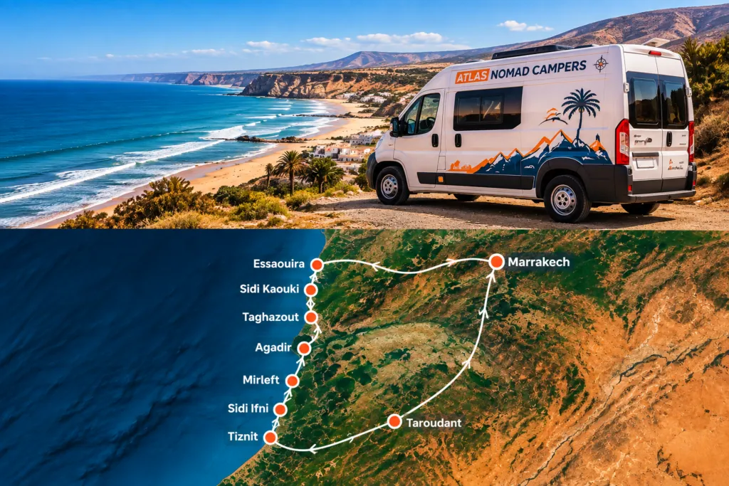 Carte de l’idée d’itinéraire de 10 jours sur la côte atlantique et le Sud marocain