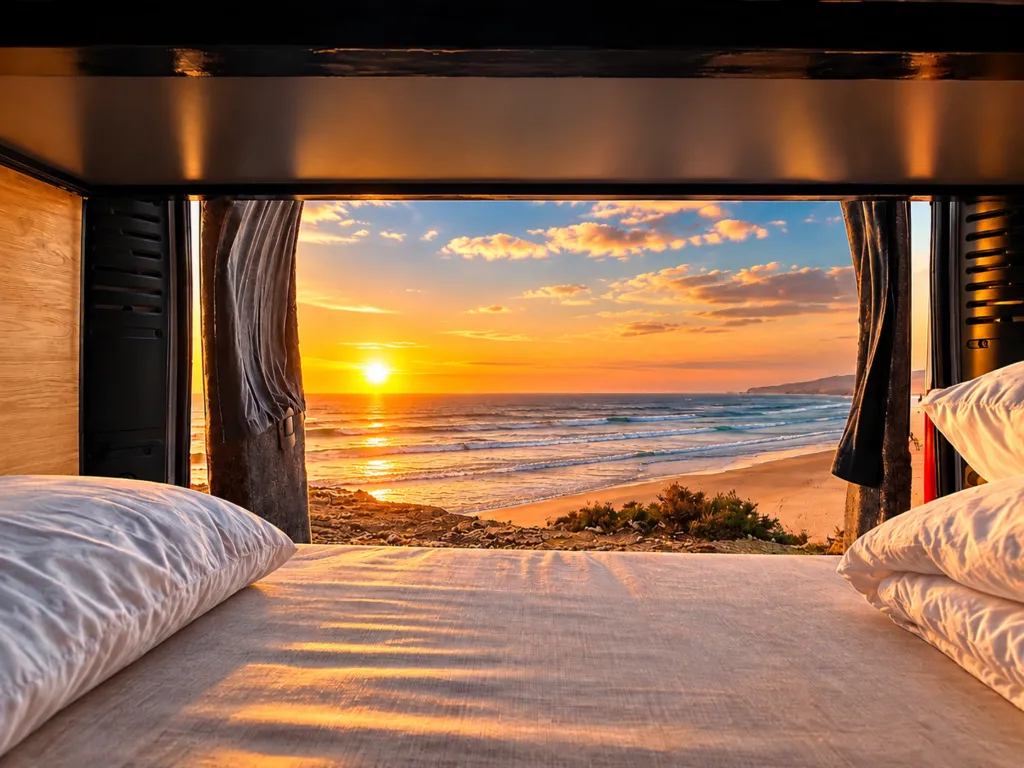 Vue sur l’océan depuis le lit du van au coucher du soleil