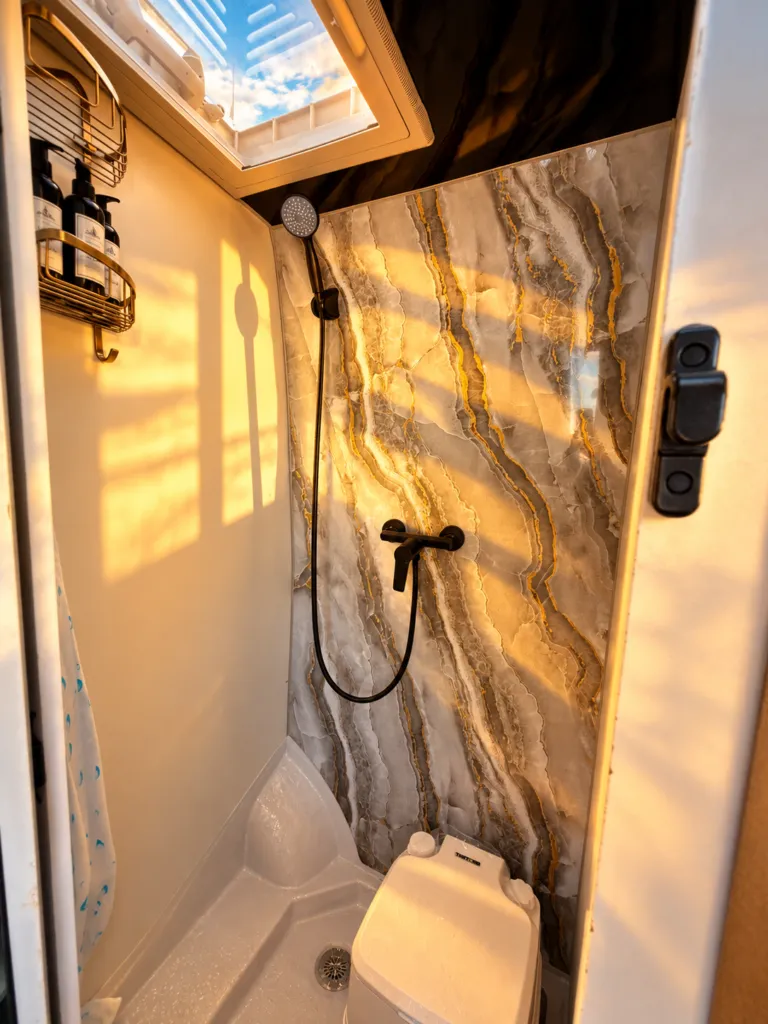 Salle d’eau du van avec douche et toilettes