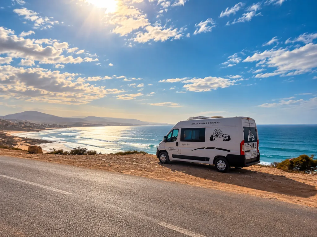 Van Atlas Nomad Campers sur une route côtière face à l’océan