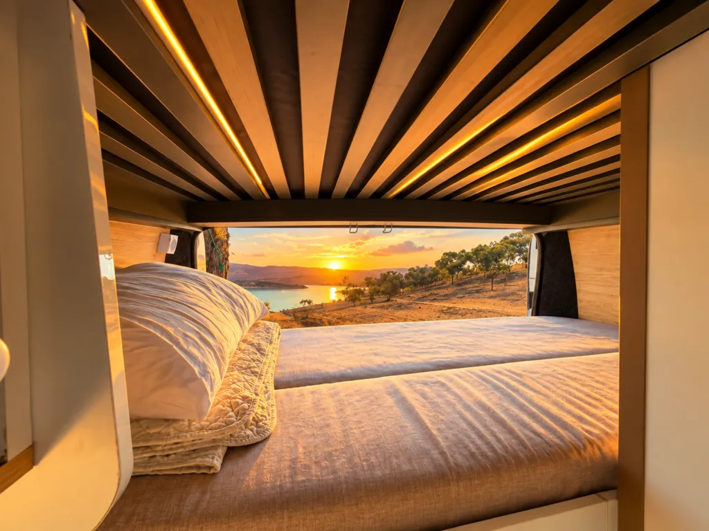 Lit du van aménagé face au coucher de soleil